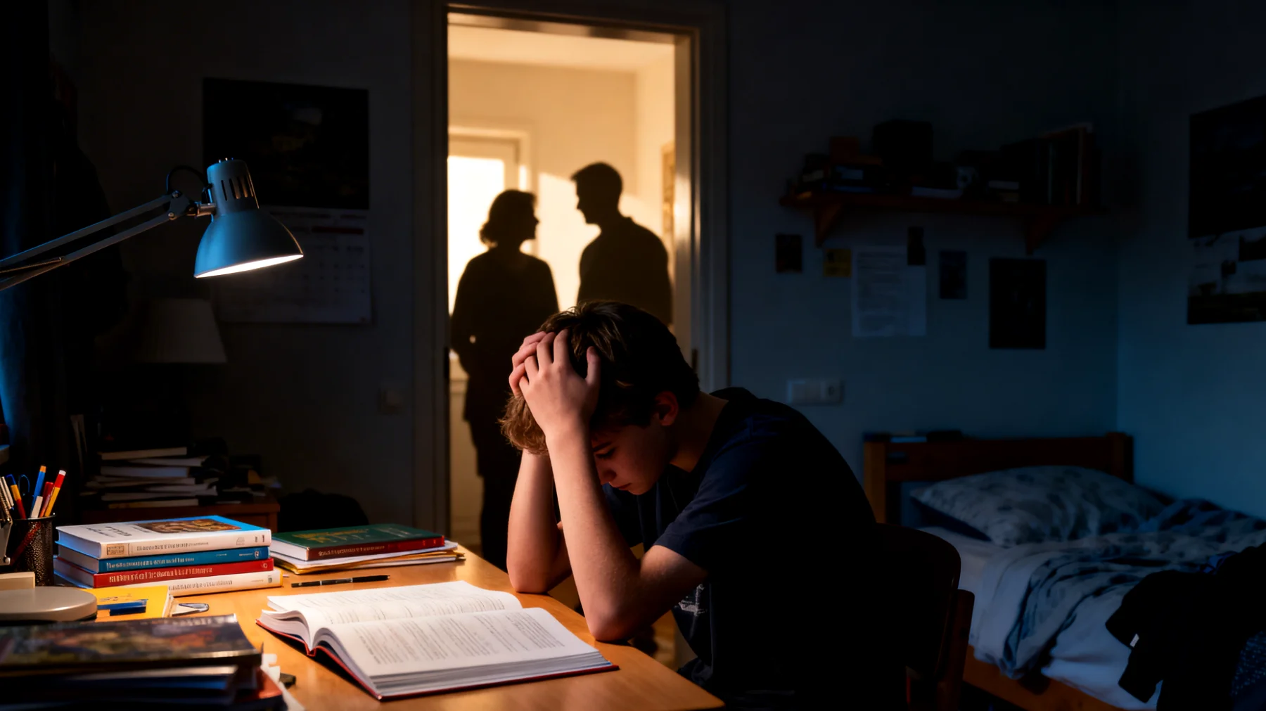 Die Eltern setzen ihren Jugendlichen unter übermäßigen Druck in Bezug auf schulische Leistungen und außerschulische Aktivitäten, in der Überzeugung, dass hohe Erwartungen der beste Weg zum Erfolg sind. Der Jugendliche fühlt sich jedoch überfordert, unverstanden und beginnt, sich emotional zurückzuziehen oder Anzeichen von Stress und Angst zu zeigen."