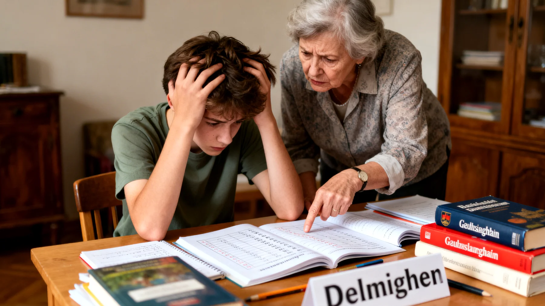 Die Großeltern üben übermäßigen Druck auf ihre Enkelkinder im Jugendalter aus, indem sie zu hohe Erwartungen in Bezug auf schulische Leistungen, sportliche Erfolge oder berufliche Zukunftspläne stellen. Dies führt bei den Jugendlichen zu Stress, Angst und dem Gefühl, nie gut genug zu sein, während die Großeltern glauben, das Beste für ihre Enkelkinder zu wollen."